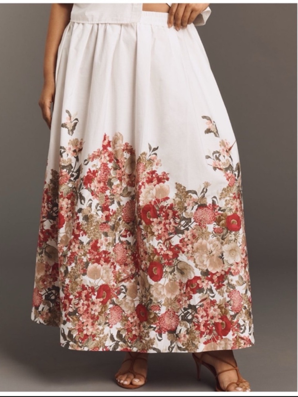 Anthropologie White Floral Border Midi Skirt with Red and Beige Blooms